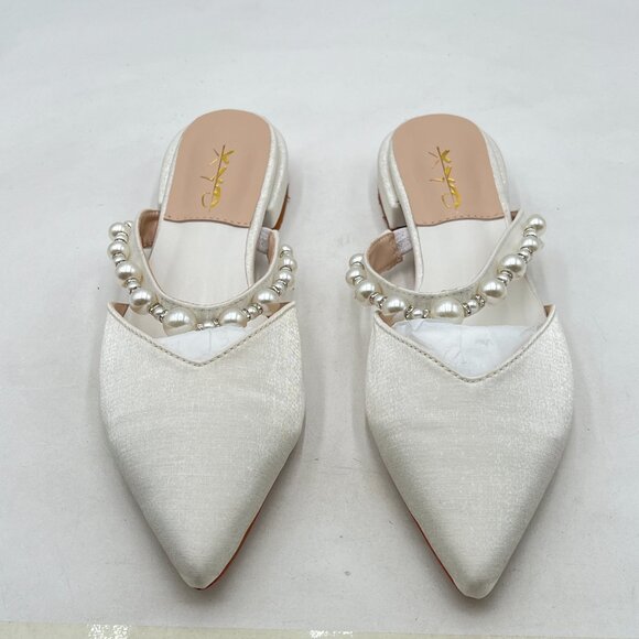 XYD White Mule with Pearls Strappy Pointed Toe Stylish Beaded Slides Sandals - Picture 2 of 7